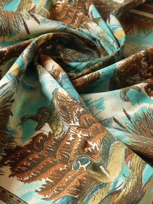 Jacques Esterel Countryside Elegance Scarf featuring vintage-inspired duck and foliage design, perfect for adding classic sophistication to your wardrobe. Available now at La Vague Vintage.